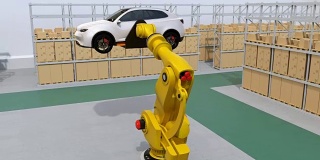 黄色的重量级机器人手臂扛着白色SUV在后勤中心