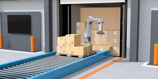 工业机器人从半卡车上卸载包裹