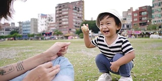 年轻的家庭和蹒跚学步的孩子在公园微笑。