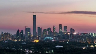 T/L TD鸟瞰图北京CBD区域，白天到夜晚过渡/北京，中国视频素材模板下载