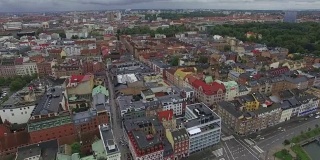 航拍在城市运河Malmö，瑞典。无人机俯瞰城市景观和办公楼