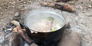 辣鸡的概念。在露营山上的森林里有辛辣可口的鸡肉。最喜欢的泰国食物烹饪在森林露营旅行。