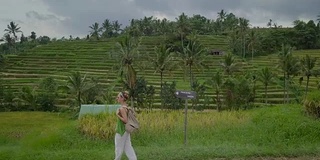 无人机从空中拍摄的年轻女子在印尼巴厘岛的梯田中漫步。徒步旅行的人概念