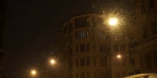 晚上城里下大雪。大朵雪花照亮灯落