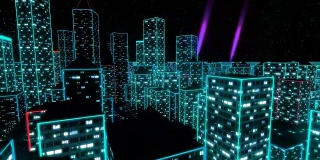霓虹城市飞过城市摩天大楼发光电脑tron矩阵4k