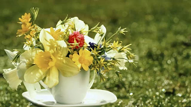 黄色的水仙和野生的春天的鲜花在咖啡杯而不是花瓶旋转在模糊的草地背景与复制空间为你的祝贺文本。节日问候邀请卡设计。