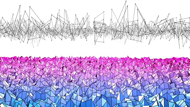 4k低多边形背景动画循环。无缝3d动画在现代几何低多边形样式与梯度颜色。创意简单的背景与网格。V13蓝红色飞机与拷贝空间