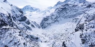 从泽马特村缆车上鸟瞰初春白雪覆盖的阿尔卑斯山