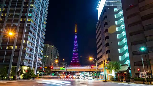 Night Cityscape View with Tokyo Tower and Traffic, Diamond Veil Light of Tokyo Tower, Time Lapse Video