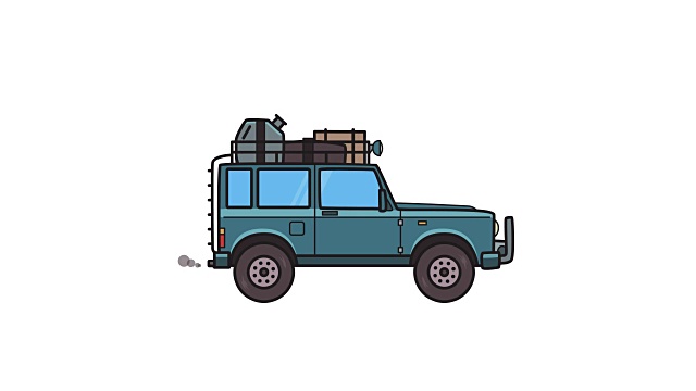 装有行李箱的动感SUV。正在行驶的越野车上有货物，侧视图。平面动画。孤立在白色背景上。