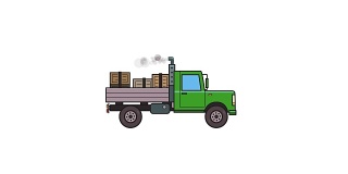 活泼的绿色卡车，后备箱里有箱子。移动重型车，侧视图。平面动画。孤立在白色背景上。