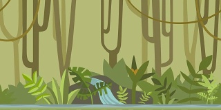 动画背景。绿色的丛林森林与河流。平面动画,视差。镜头。
