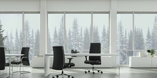 从商业办公室的窗户看冬天下雪的背景针叶树和多云的天空。背景板，色键视频背景。