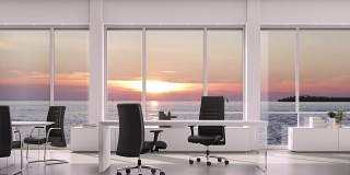 从商务办公室的窗户眺望海面上的夕阳。背景板，色键视频背景。