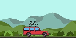 动画红色越野车与自行车在车顶树干上通过gren山谷。移动的小货车在丘陵景观背景。平面动画。