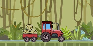 满载干草的动画拖拉机穿过雨林。移动农业车辆在热带丛林和河流的背景。平面动画。