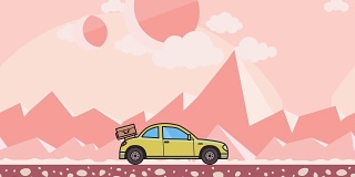 后面引擎盖上装有行李的动画双门轿车穿过外星粉色沙漠。移动的掀背式山地沙漠背景。平面动画。