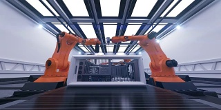 在传送带上组装电脑机箱的美丽机械臂。未来的高级自动化过程。3d动画。商业、工业和技术概念。