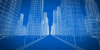 美丽的现代城市通过数字3d蓝图。施工与技术概念。蓝色3d动画循环。