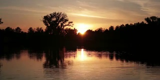 美丽的日落在森林附近的湖。间隔拍摄。