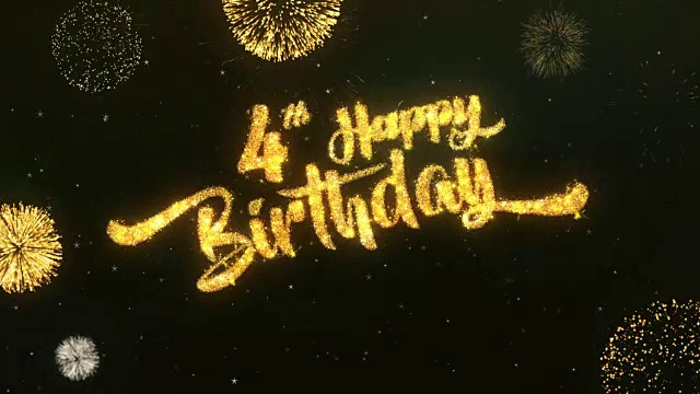 4个快乐的生日问候和祝愿卡由闪光粒子和火花灯黑暗夜空与彩色烟花4k背景。