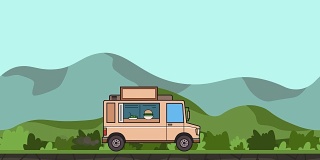 动画食品卡车通过绿色山谷。乡村景观背景上的移动车辆。平面动画。