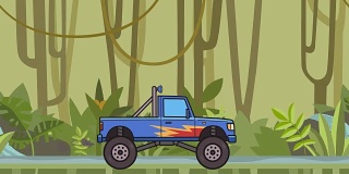 动画大车轮怪物卡车通过热带雨林。在丛林和河流的背景下移动大脚卡车。平面动画。