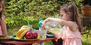 两个小女孩在夏季野餐时喝柠檬水