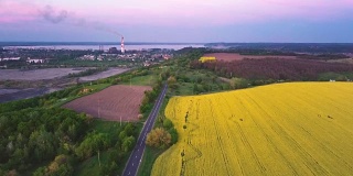 工业区附近的黄油菜花盛开的农田。自然与工业相结合。空中全景。