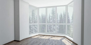 从明亮的房间飘窗看下雪的背景冬天森林。背景板，色度键视频背景。