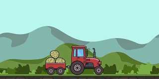 动画拖拉机满载干草通过绿色山谷。在丘陵景观背景上移动农用车辆。平面动画。