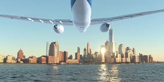 航拍:一架大型商用飞机沿着哈德逊河飞向纽约