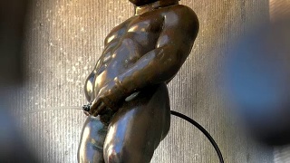 布鲁塞尔的撒尿小童雕像。比利时布鲁塞尔，一个在美丽夏日小便的男孩雕像。视频素材模板下载