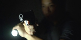 4K家庭防御概念，亚洲人在晚上拿着手枪和手电筒。