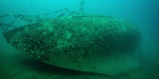 旧的水下沉没的帆船沉船覆盖在珊瑚和鱼。