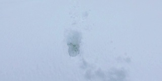 沿着积雪覆盖的道路行走，雪地上有脚印