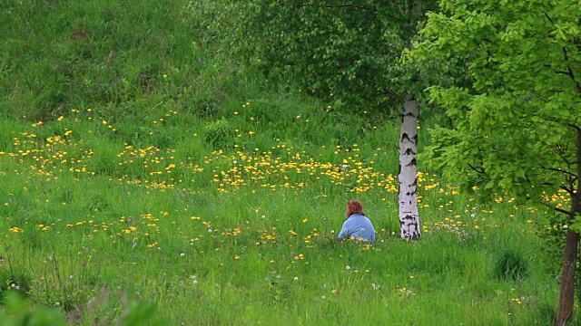一个女人坐在桦树附近的草地上，在花丛中休息。