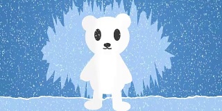 可爱的北极熊幼崽动画，圣诞背景与雪