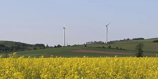 风力发电站在一个饶舌的领域。发电机的旋转叶片。生态清洁电力。利用自然资源的现代技术。
