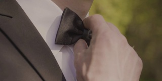 新郎身着婚礼礼服与蝴蝶相伴。西装，手，护理，领带，纠正，调整，时尚，蝴蝶结。Instagram颜色调色