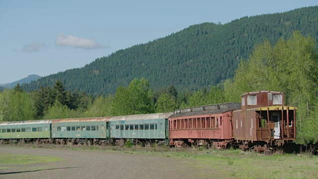 森林里废弃的火车车厢的老式火车线路