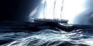 在海上的大风暴中漂流的帆船