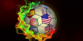 世界旗帜足球在红色抽象粒子环，动画，背景，循环
