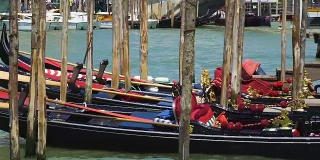 装饰华丽的贡多拉在码头摇曳，水上出租车在威尼斯成为旅游景点