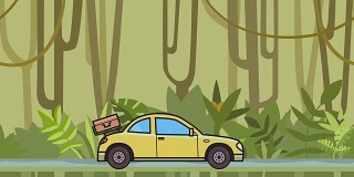 在后面引擎盖上装有行李的动画跑车穿过雨林。移动掀背在丛林和河流的背景。平面动画。