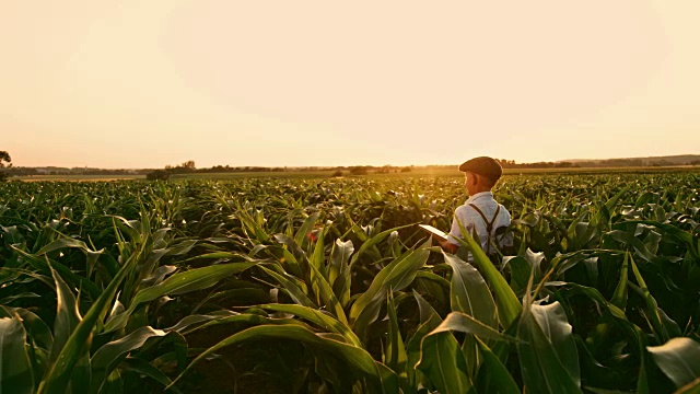 男孩拿着数字平板电脑，在阳光明媚、田园诗般的乡村玉米地里，实时地
