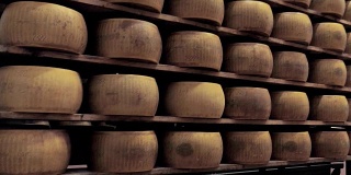 货架上满是成熟的帕尔玛干酪，生产商制造