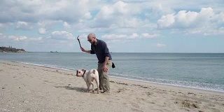 一个年轻人在海滩上和他的狗玩耍