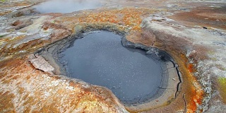 冰岛间歇泉喷发。红色的土壤，就像火星表面一样
