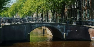 阿姆斯特丹的风景是横跨运河的桥，那里停放着许多自行车。这是一个典型的城市画面，日落前的时间